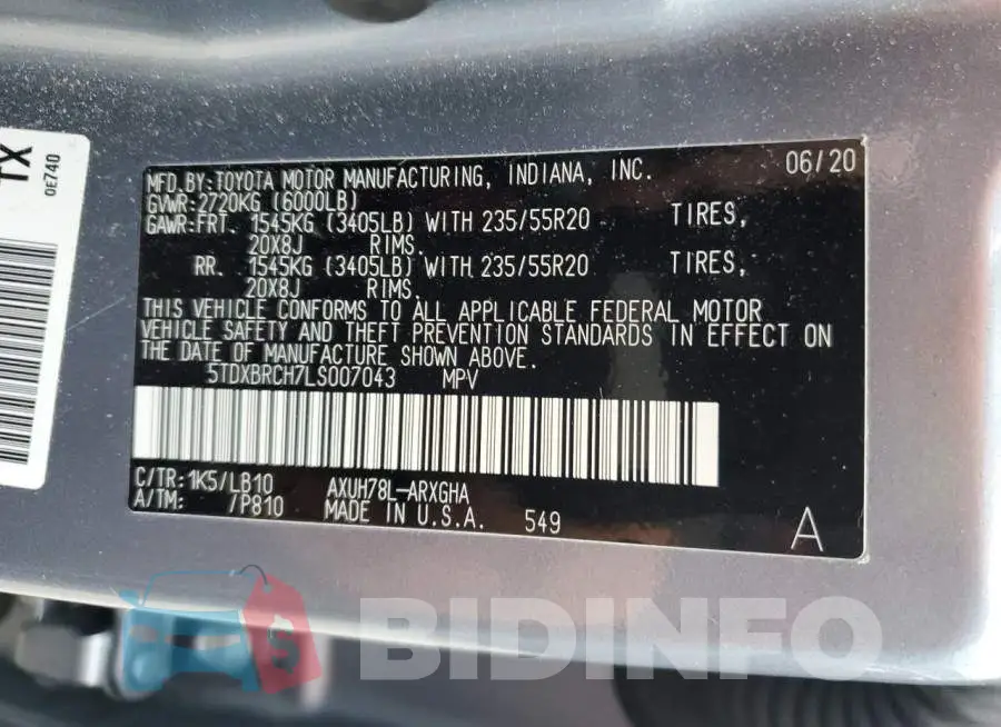 5TDXBRCH7LS007043 Photo# 10