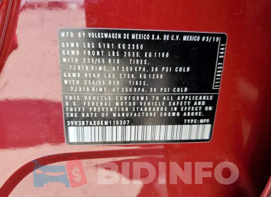 3VV3B7AX0KM115307 Photo# 10