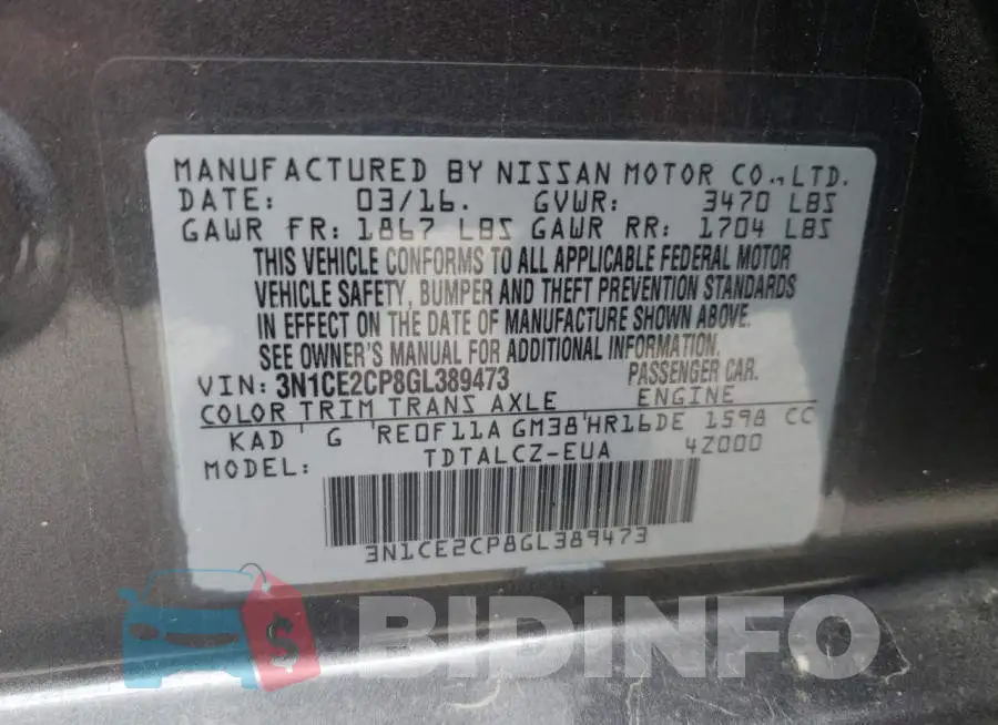 3N1CE2CP8GL389473 Photo# 10