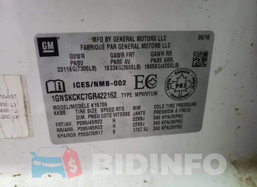 1GNSKCKC7GR422162 Photo# 10