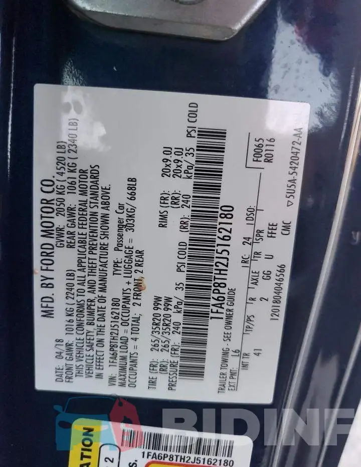 1FA6P8TH2J5162180 Photo# 10