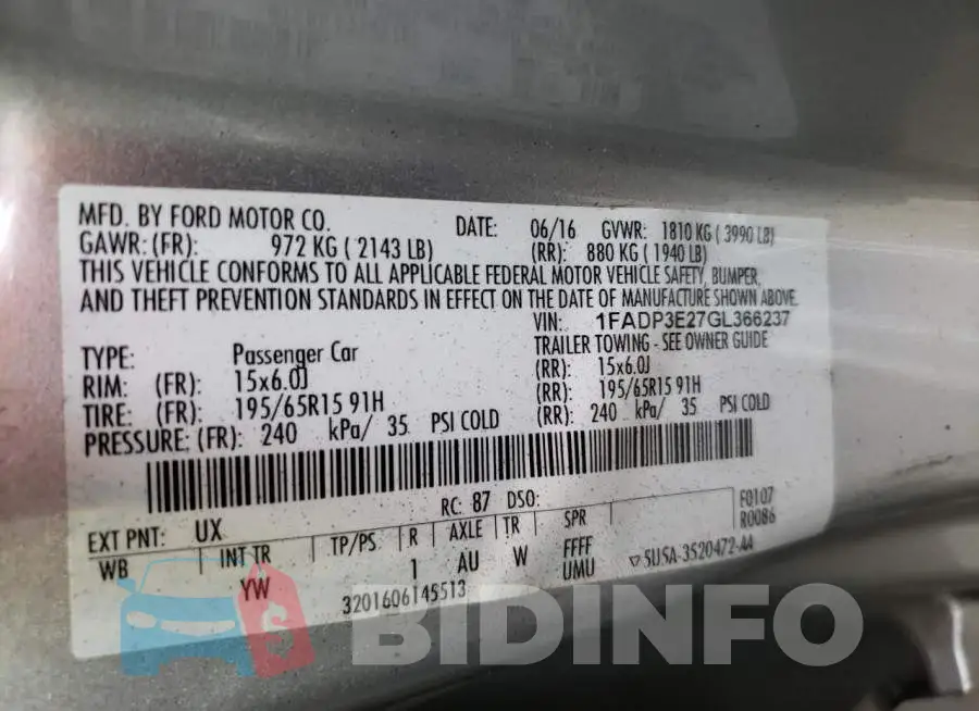 1FADP3E27GL366237 Photo# 10