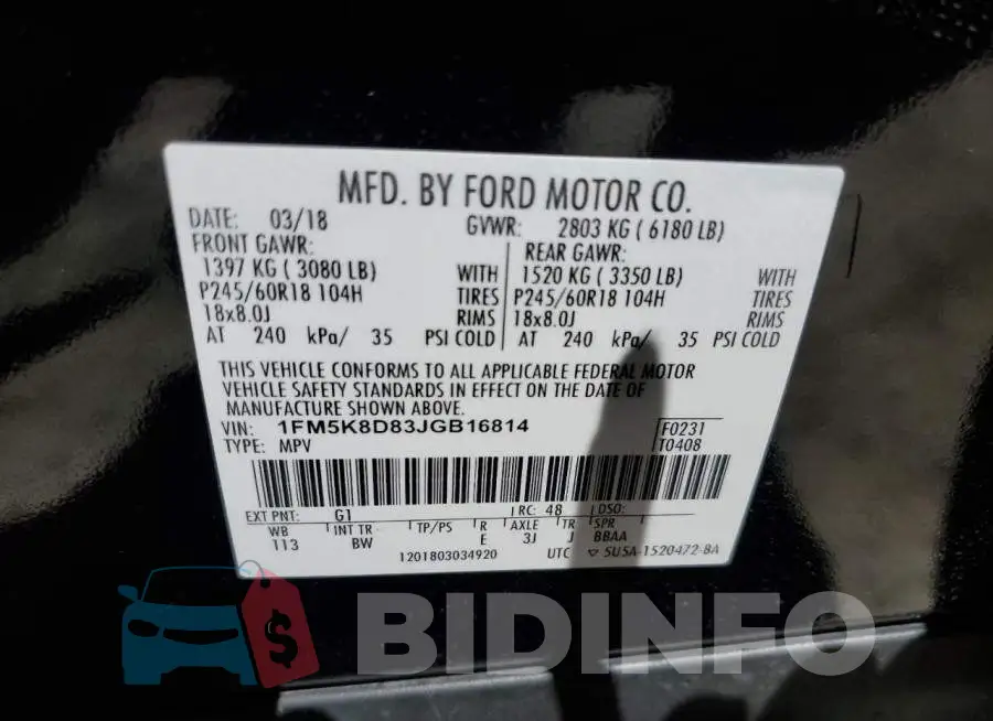 1FM5K8D83JGB16814 Photo# 10