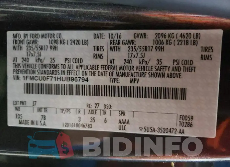 1FMCU0F71HUB96794 Photo# 10