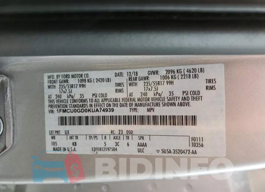 1FMCU0GD0KUA74939 Photo# 10
