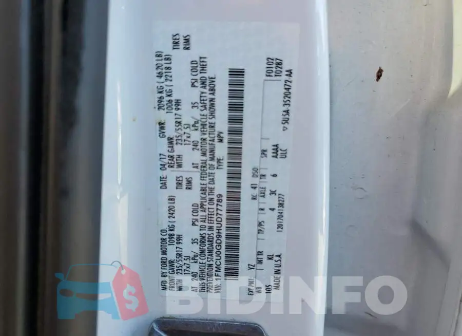 1FMCU0GD9HUD77789 Photo# 10