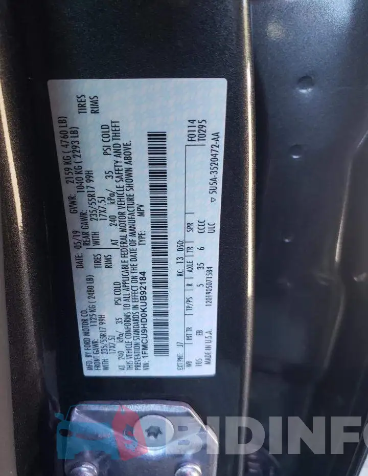 1FMCU9HD0KUB92184 Photo# 10