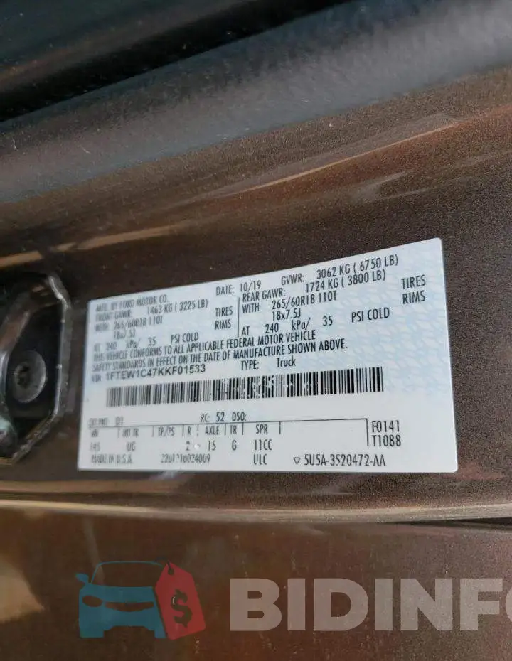1FTEW1C47KKF01533 Photo# 10