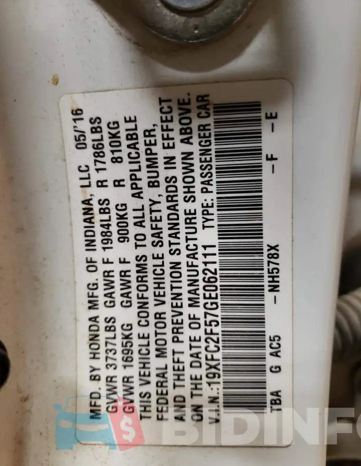 19XFC2F57GE062111 Photo# 10
