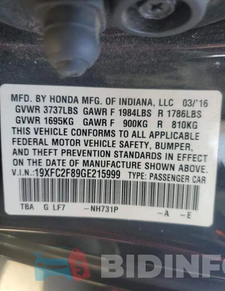 19XFC2F89GE215999 Photo# 10