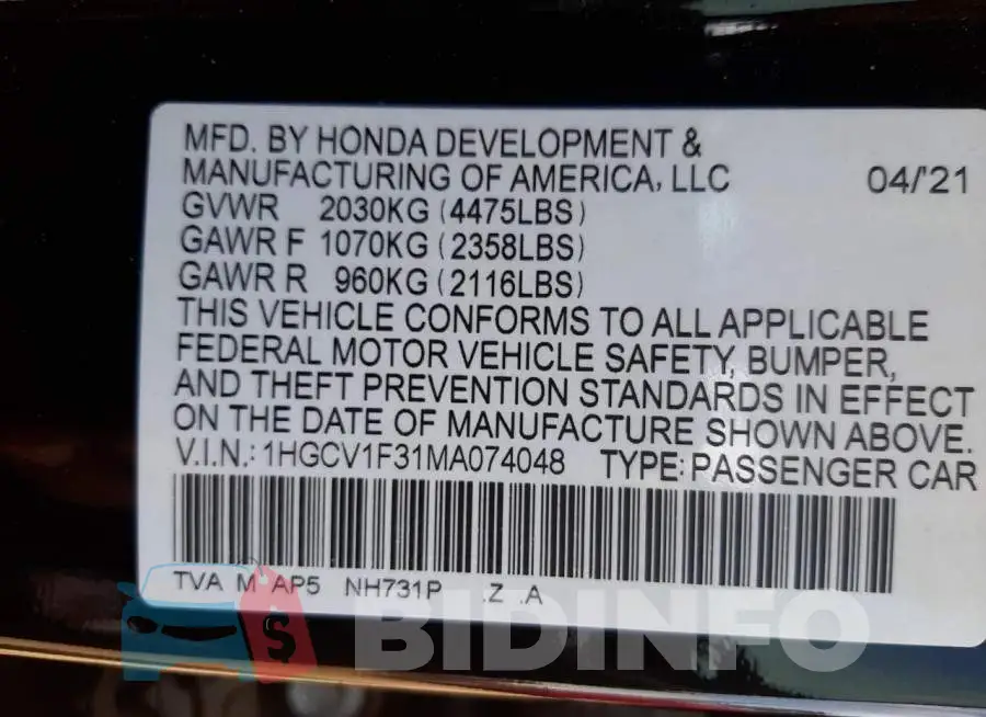 1HGCV1F31MA074048 Photo# 10