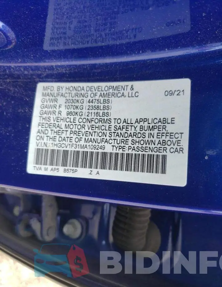 1HGCV1F31MA109249 Photo# 10