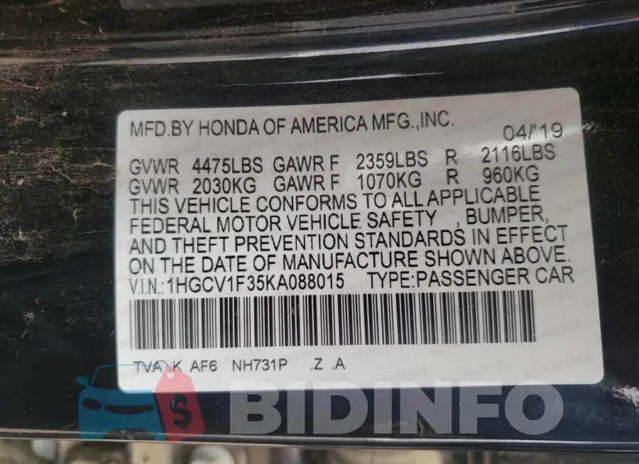 1HGCV1F35KA088015 Photo# 10
