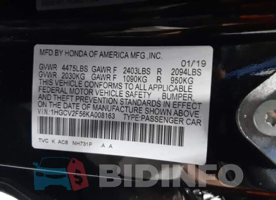 1HGCV2F56KA008163 Photo# 10