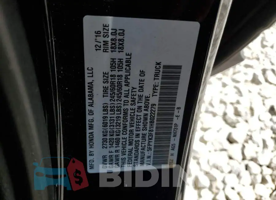 5FPYK3F81HB022279 Photo# 10