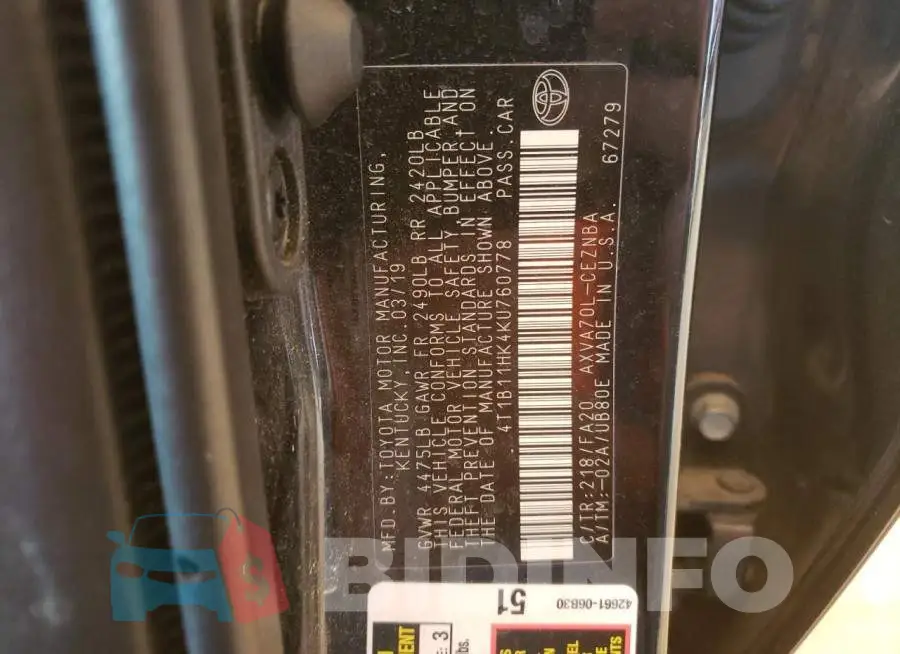 4T1B11HK4KU760778 Photo# 10