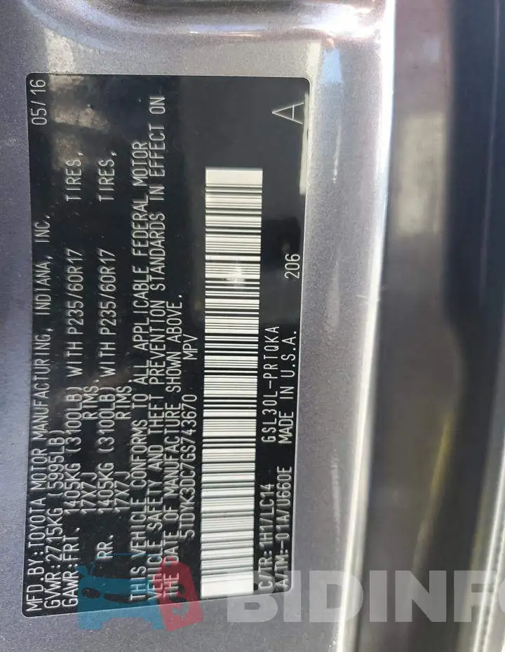 5TDYK3DC7GS743670 Photo# 10