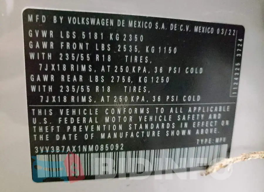 3VV3B7AX1NM085092 Photo# 10