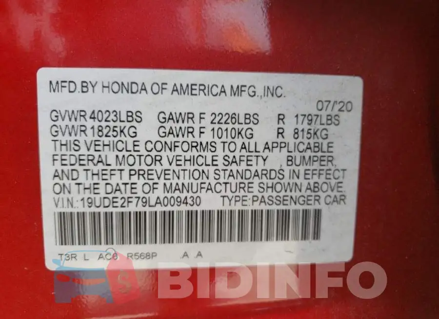 19UDE2F79LA009430 Photo# 10