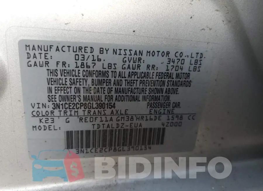 3N1CE2CP8GL390154 Photo# 10