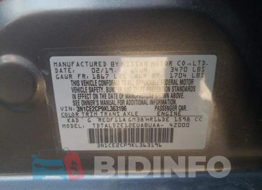 3N1CE2CP9KL363196 Photo# 10