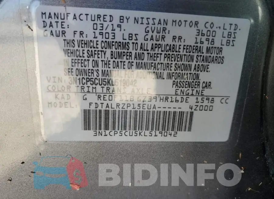 3N1CP5CU5KL519042 Photo# 10