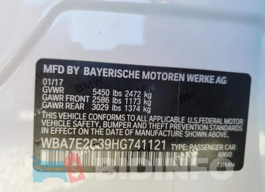 WBA7E2C39HG741121 Photo# 10