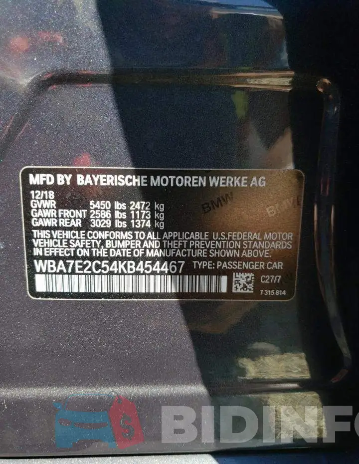 WBA7E2C54KB454467 Photo# 10