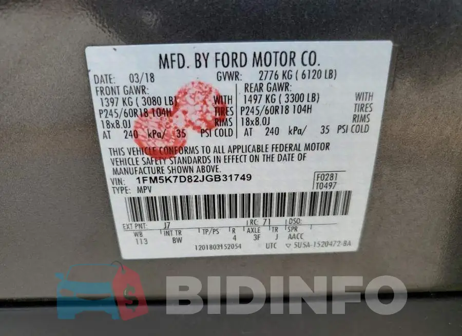1FM5K7D82JGB31749 Photo# 10