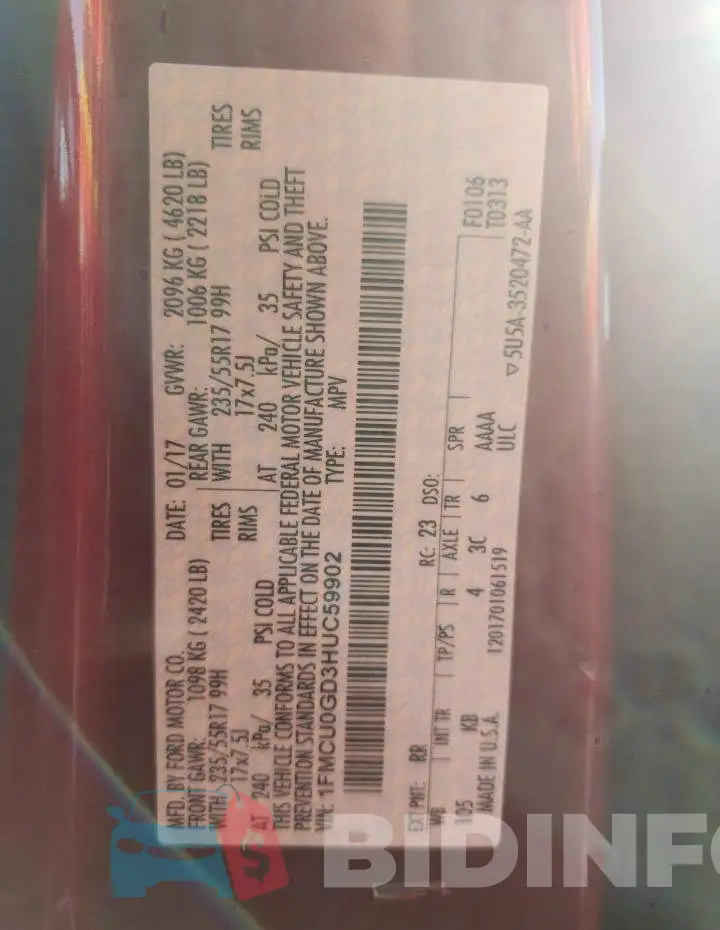 1FMCU0GD3HUC59902 Photo# 10