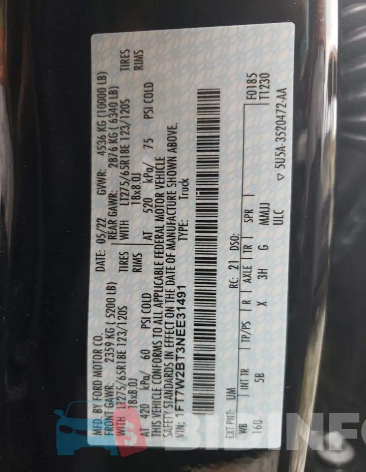 1FT7W2BT3NEE31491 Photo# 10