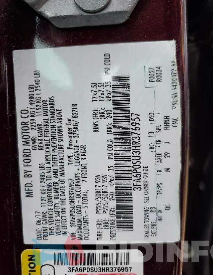 3FA6P0SU3HR376957 Photo# 10