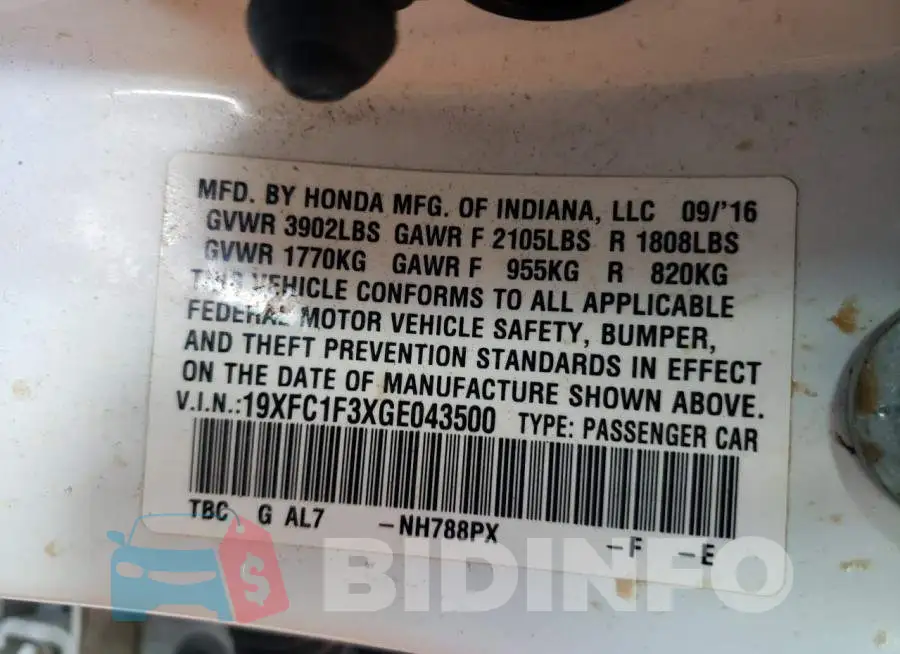 19XFC1F3XGE043500 Photo# 10