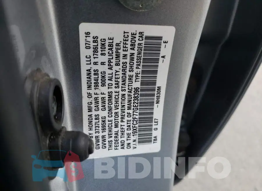 19XFC2F77GE238396 Photo# 10