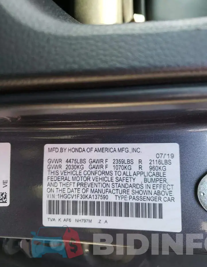 1HGCV1F30KA137590 Photo# 10