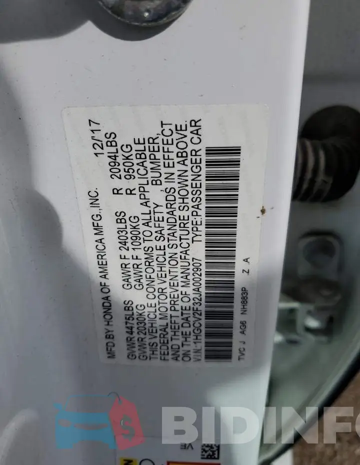 1HGCV2F32JA002907 Photo# 10