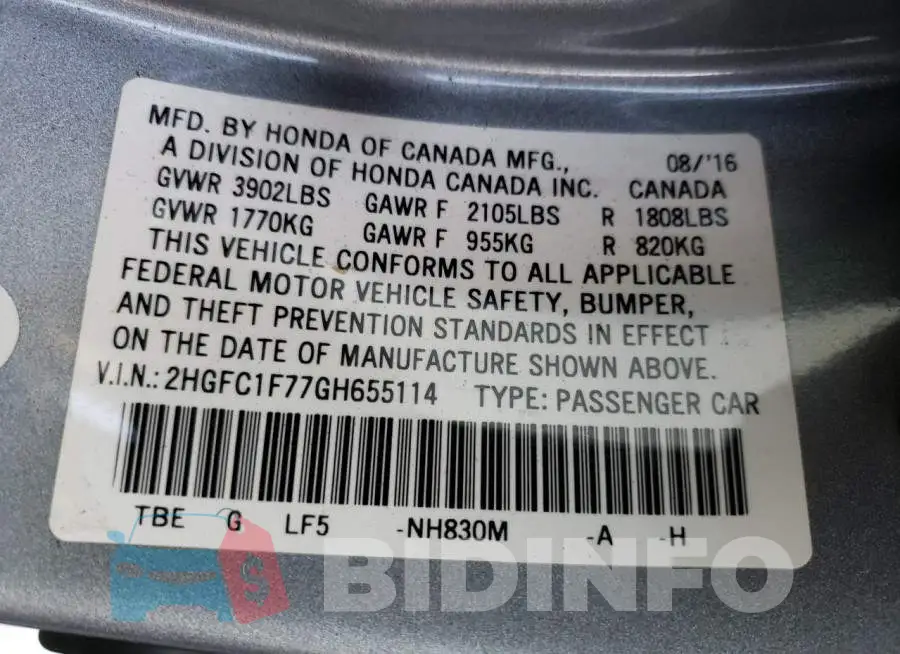 2HGFC1F77GH655114 Photo# 10