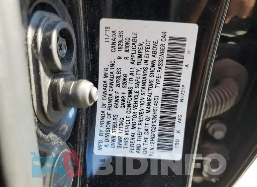 2HGFC2F63KH514501 Photo# 10