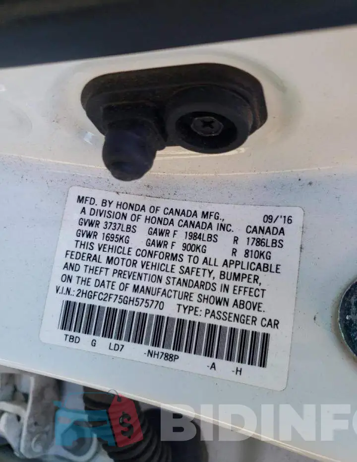 2HGFC2F75GH575770 Photo# 10