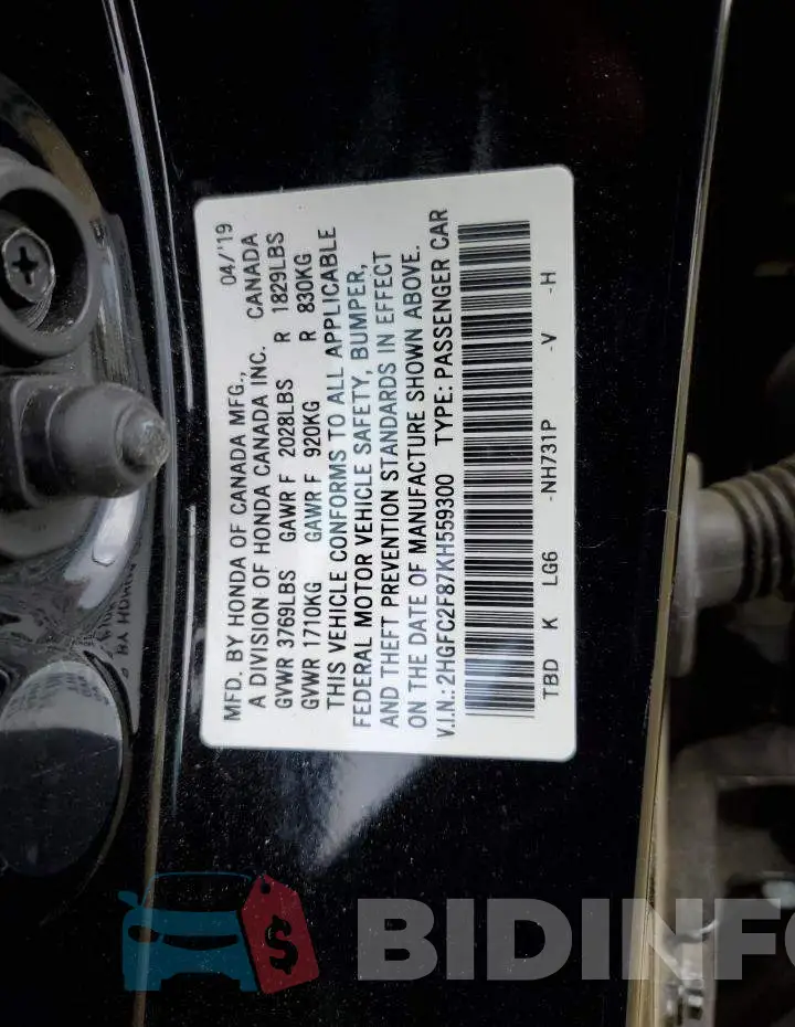 2HGFC2F87KH559300 Photo# 10