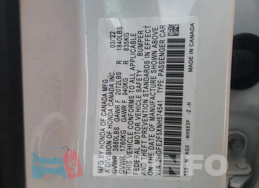 2HGFE2F5XNH574541 Photo# 10