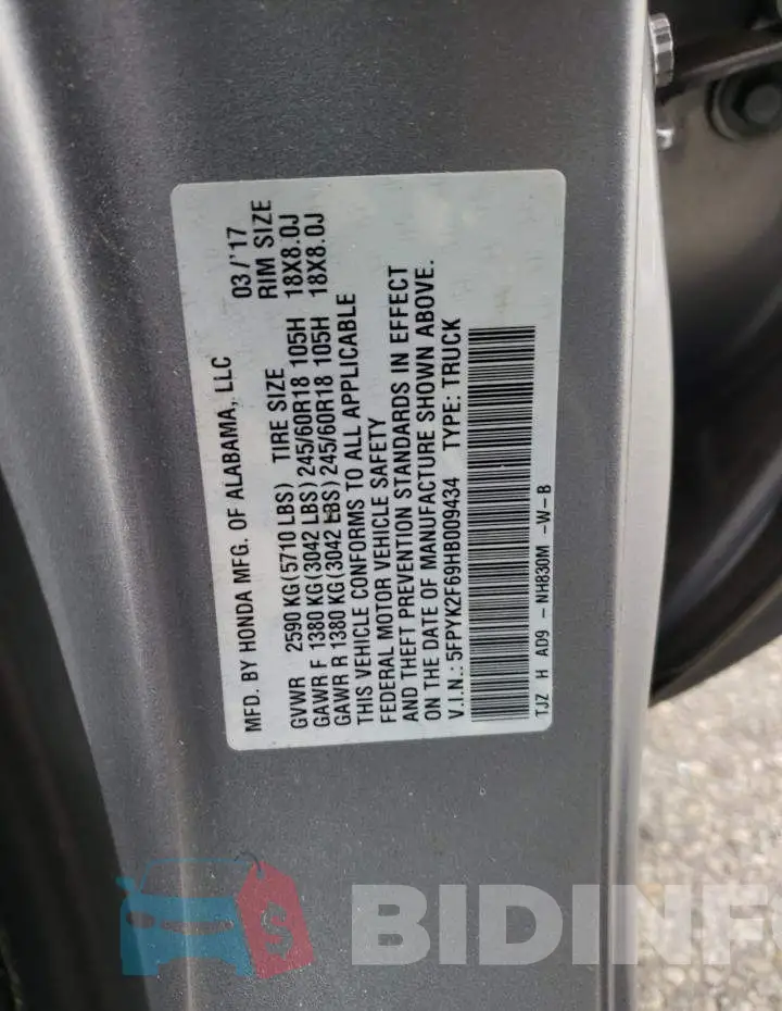 5FPYK2F69HB009434 Photo# 10