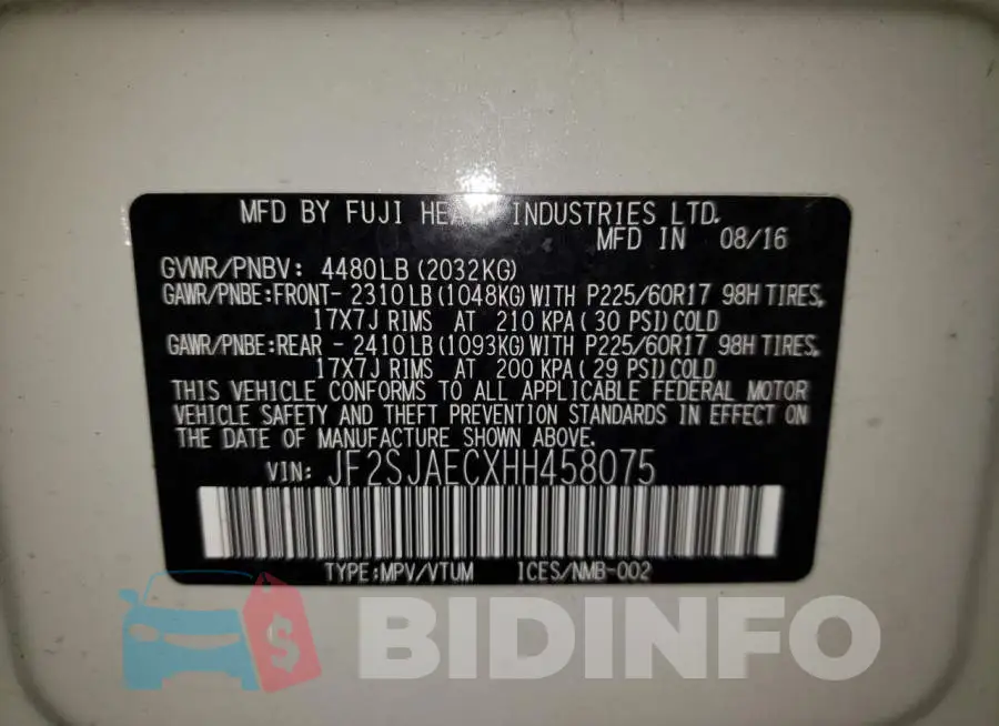 JF2SJAECXHH458075 Photo# 10