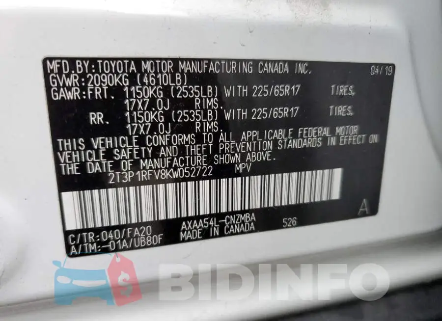 2T3P1RFV8KW052722 Photo# 10
