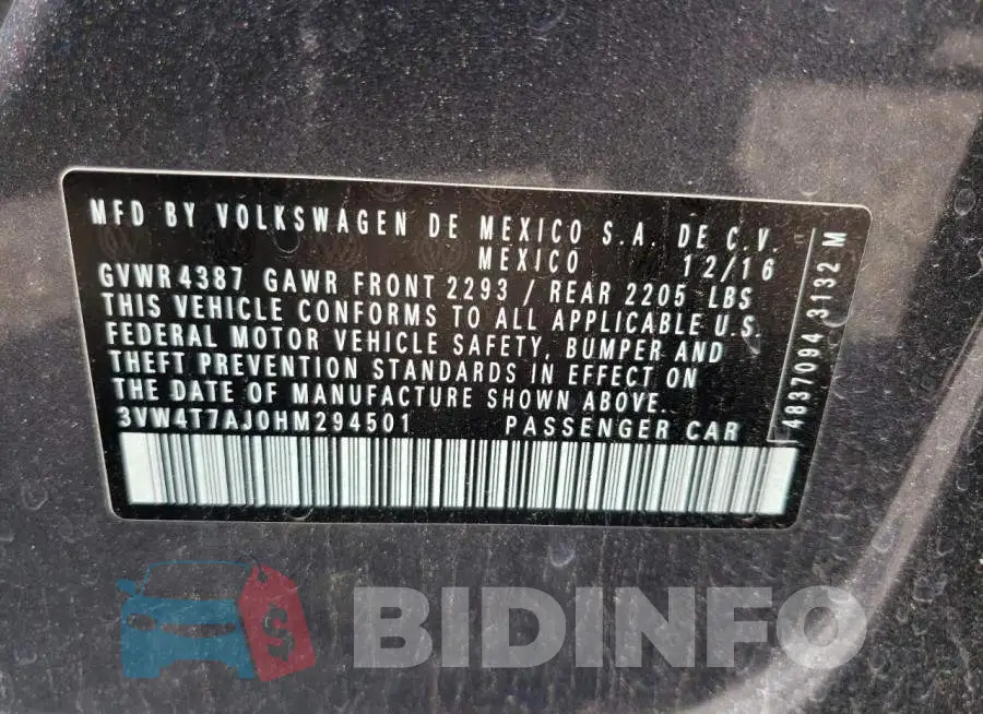 3VW4T7AJ0HM294501 Photo# 10