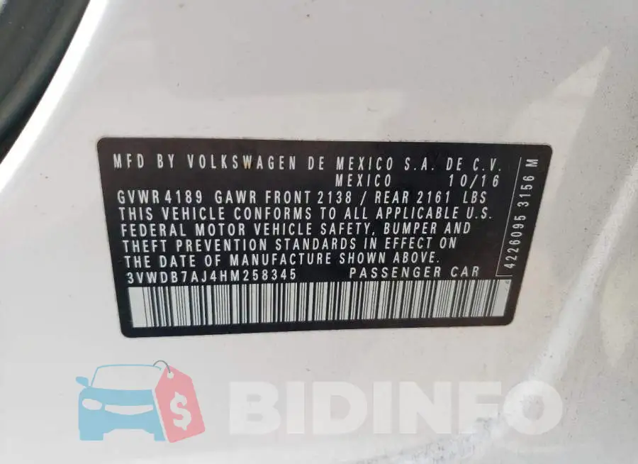 3VWDB7AJ4HM258345 Photo# 10