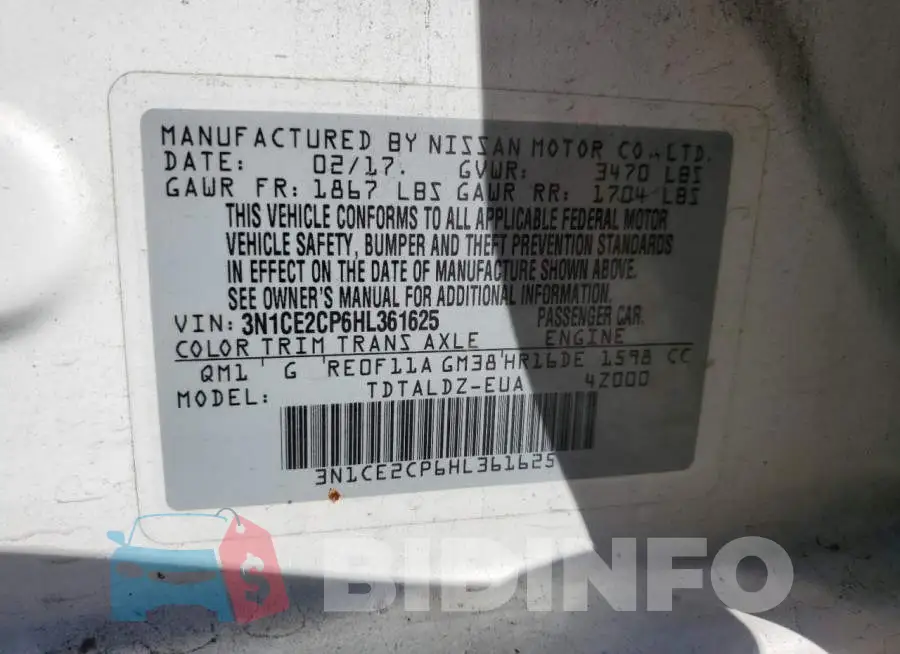3N1CE2CP6HL361625 Photo# 10