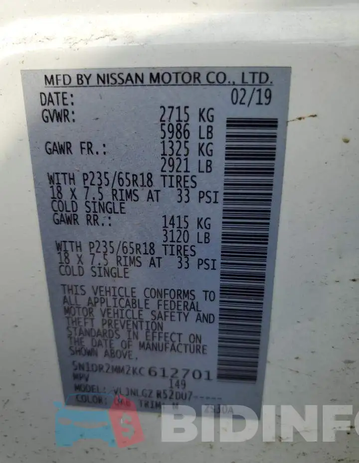 5N1DR2MM2KC612701 Photo# 10