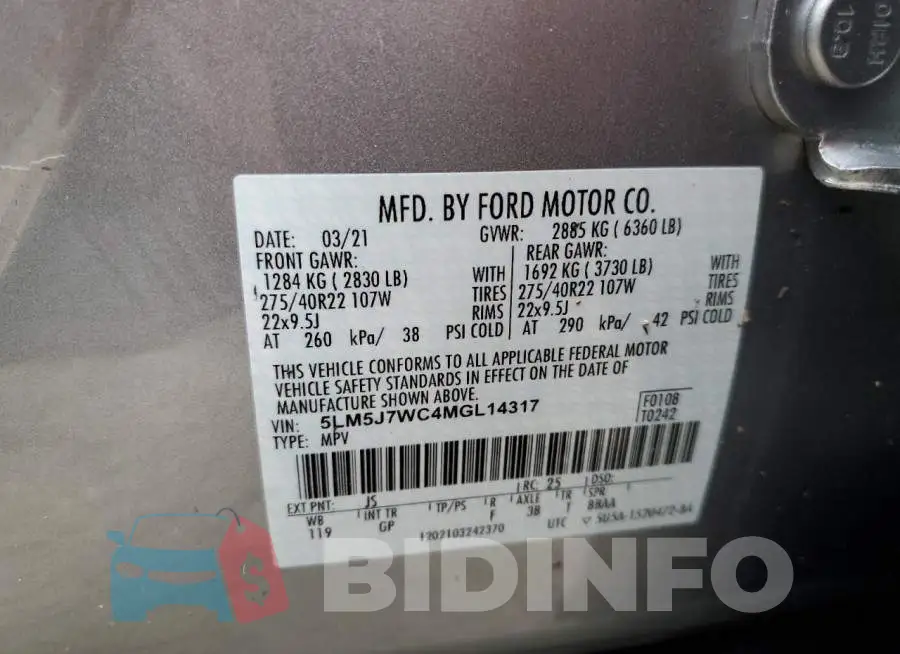 5LM5J7WC4MGL14317 Photo# 10