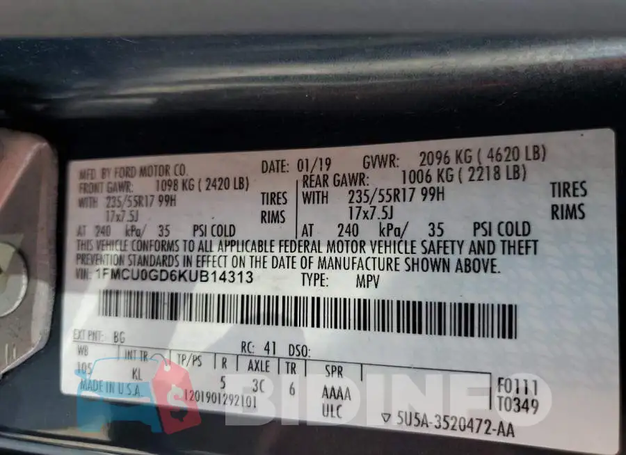 1FMCU0GD6KUB14313 Photo# 10